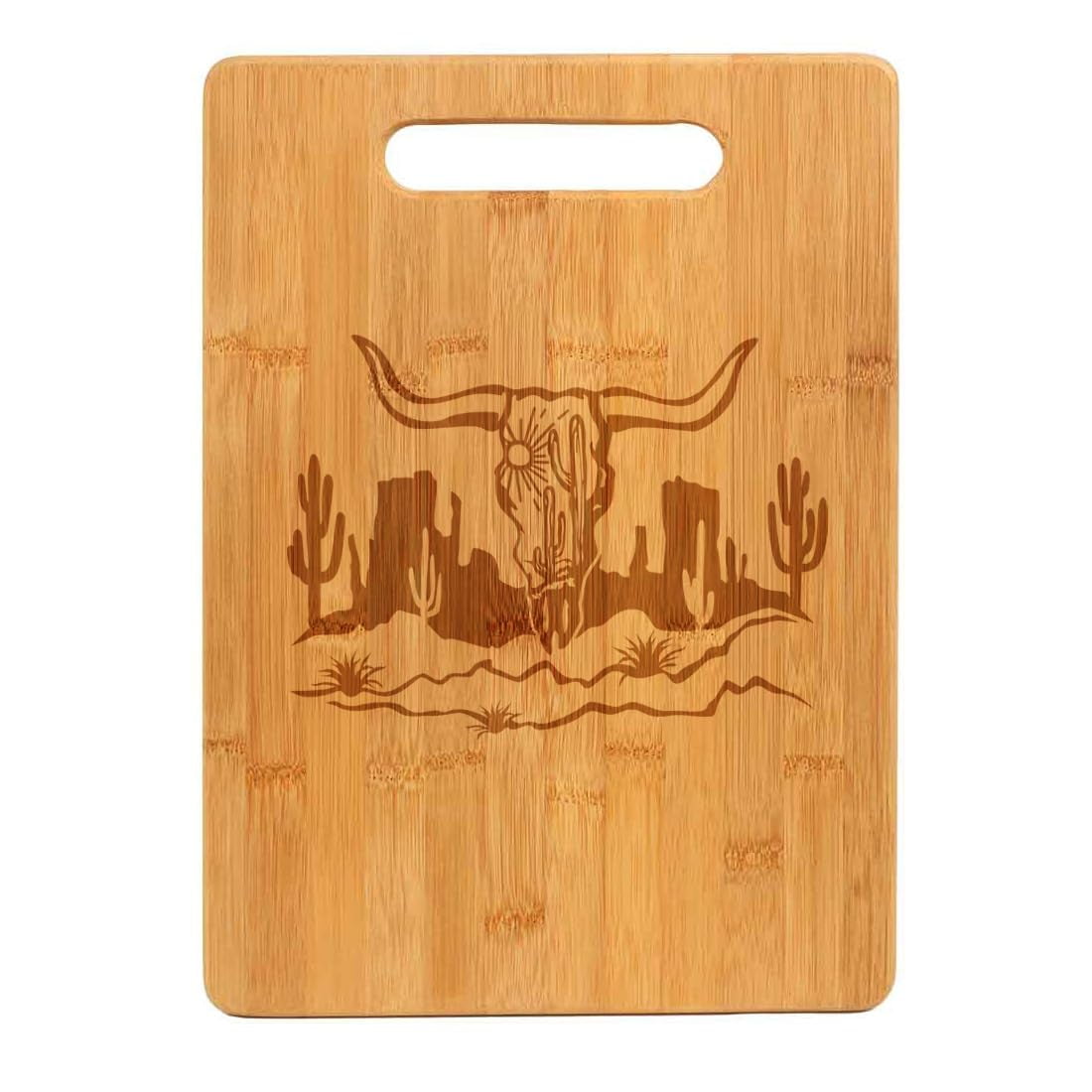 Bamboo Wood Cutting Board Cow Skull Cactus Desert Western Scene
