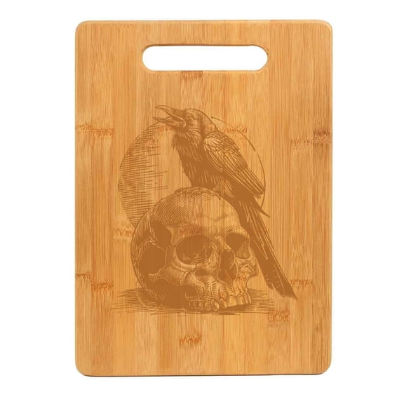 Bamboo Wood Cutting Board Crow Raven Skull Moon Horror