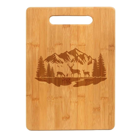 Bamboo Wood Cutting Board Deer Mountain Forest River Scene