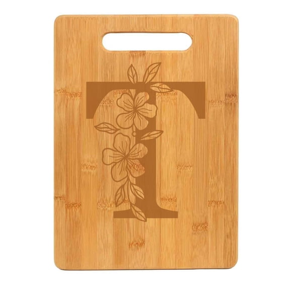 Bamboo Wood Cutting Board Floral Monogram Letter (T)