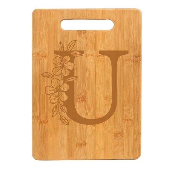 Bamboo Wood Cutting Board Floral Monogram Letter (U)
