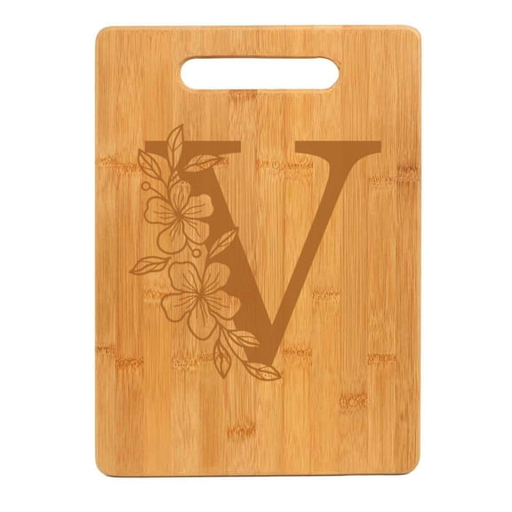 Bamboo Wood Cutting Board Floral Monogram Letter (V)