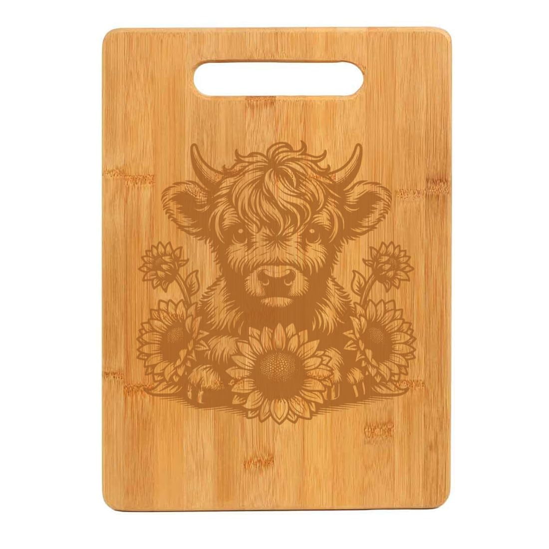 Bamboo Wood Cutting Board Highland Cow With Sunflowers