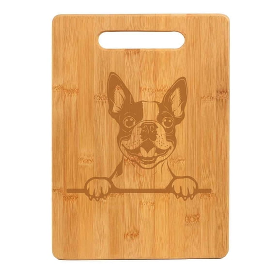 Bamboo Wood Cutting Board Peeking Boston Terrier Dog