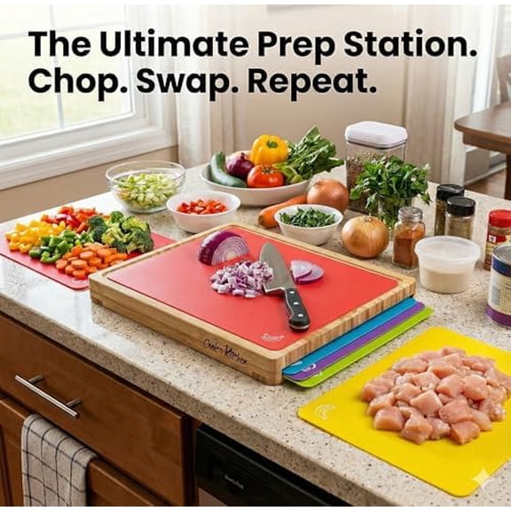 Bamboo Wood Cutting Board Set with 6 Color Coded Flexible Plastic Chopping Mats with Food Icons, Wooden Cutting Boards for Kitchen, Wooden Chopping Board Non Toxic Dishwasher Safe