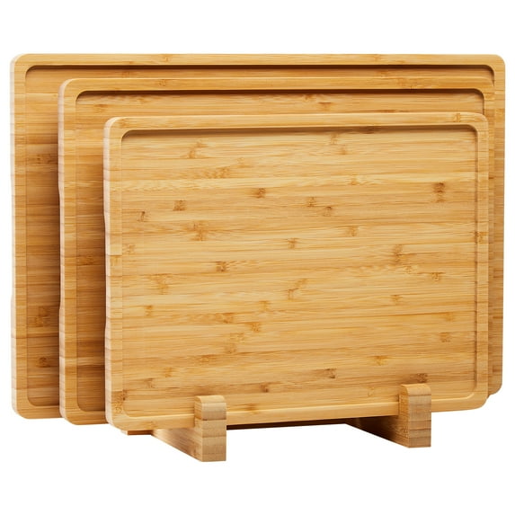 Bamboo Wood Cutting Boards Set of 3 with Holder – Kitchen Chopping Boards with Inner Handle and Deep Juice Groove, Serving Trays for Fruits, Meats