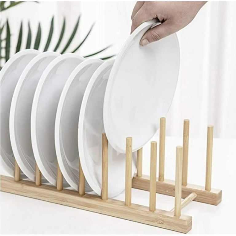 Bamboo Wooden Dish Rack - Plate Rack Stand Pot Lid Holder, Kitchen Cabinet  Organizer for Bowl, Cup, Cutting Board and More