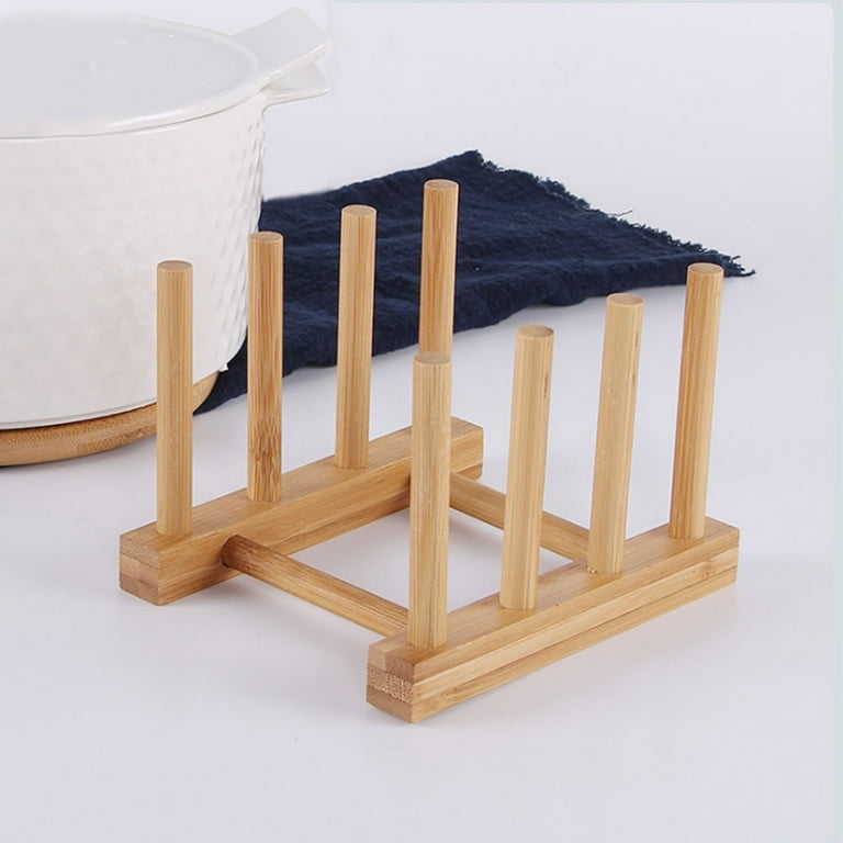 Bamboo Wooden Dish Rack Plate Rack Stand Pot Lid Shelves Kitchen