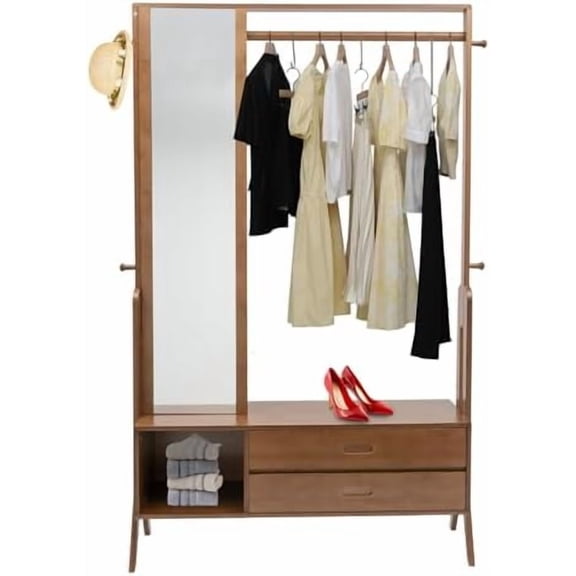 Bamboo Wooden Garment Rack, Freestanding Closet Organizers and Storage Drawers with Mirror & Hooks, Coat Rack, Open Wardrobe for Entryway - Overall Size: 40.5 * 13 * 66.5in, Brown