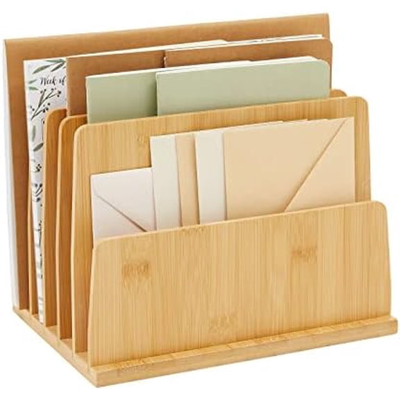 Bamboo Wooden Mail Holder, File Sorter for Letter and Folder Document Storage, Envelope Organizer with 5 Slots for Office Desk, Countertop, Home Organization (10x7 in)$$Office