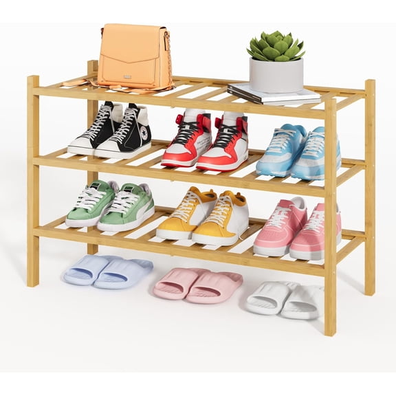 Bamboo Wooden Shoe Rack for Closet - Stackable Shoe Organizer with Modular Structure, Space-Saving Shoe Shelf for Entryway, Living Room, Bedroom, 26.8" x 11" x 18.9", Natural