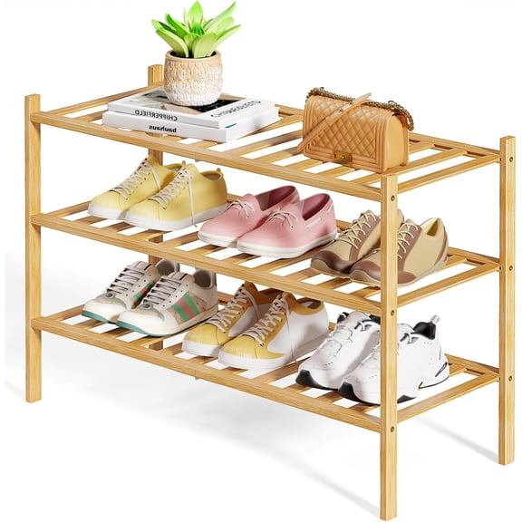 Bamboo Wooden Shoe Rack for Closet - Stackable Shoe Organizer with Modular Structure, Space-Saving Shoe Shelf for Entryway, Living Room, Bedroom, 26.8" x 11" x 18.9", Natural