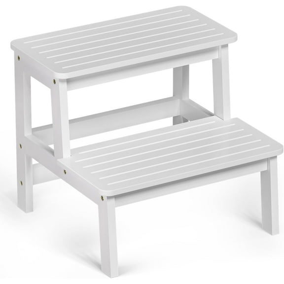 Bamboo Wooden Step Stools for Kids - Toddler Step Stool for Bathroom Sink High Bed Toilet Kitchen Helper Wood Step Stool for Bedside for Adults Non-Slip Waterproof 2 Stepping Stool, White
