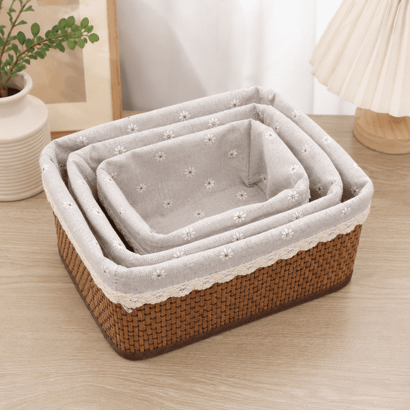 Bamboo Woven Storage Basket with Fabric Liner, Open Top Rectangular Organizer Basket for Desktop Cosmetics Toys and Sundries