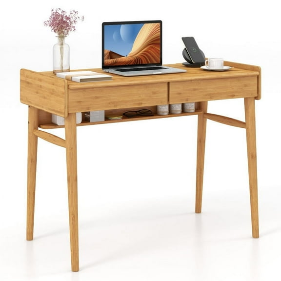 Bamboo Writing Desk with 2 Storage Drawers and Open Shelf
