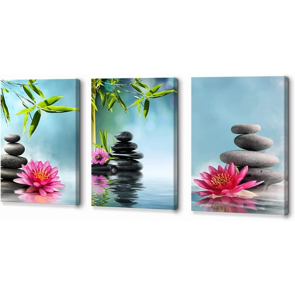 Bamboo Zen Canvas Wall Art Spa Artwork Vibrant Pink Water Lily Zen Meditation Massage Stones Leaf Pictures Canvas Painting Print for Home Office and Kitchen,Framed 12" x 16" x 3 Pieces