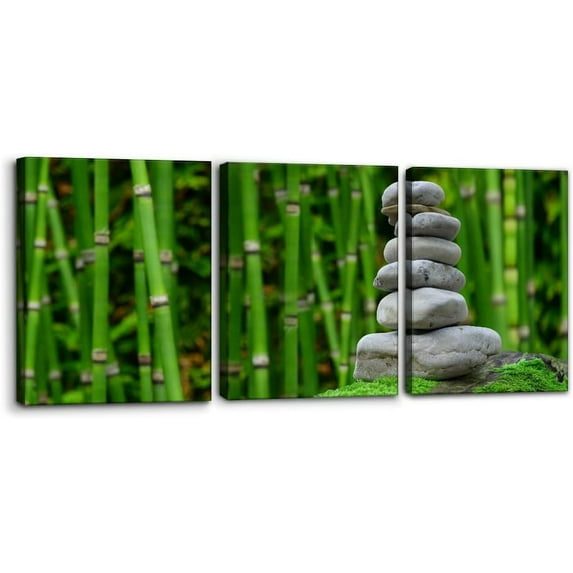 Bamboo Zen Wall Art Set of 3 - Bamboo Tree Massage Stone Nature Wilderness - Perfect for Modern Home Decor - Ideal Wall Decor for Living Room Bedroom Bathroom and Office (12"x16"x3)