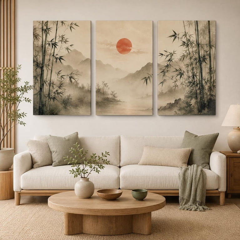 Trypyich Bamboo Zen Wall Art Set, Mountain River Red Sun Japandi Triptych For ...