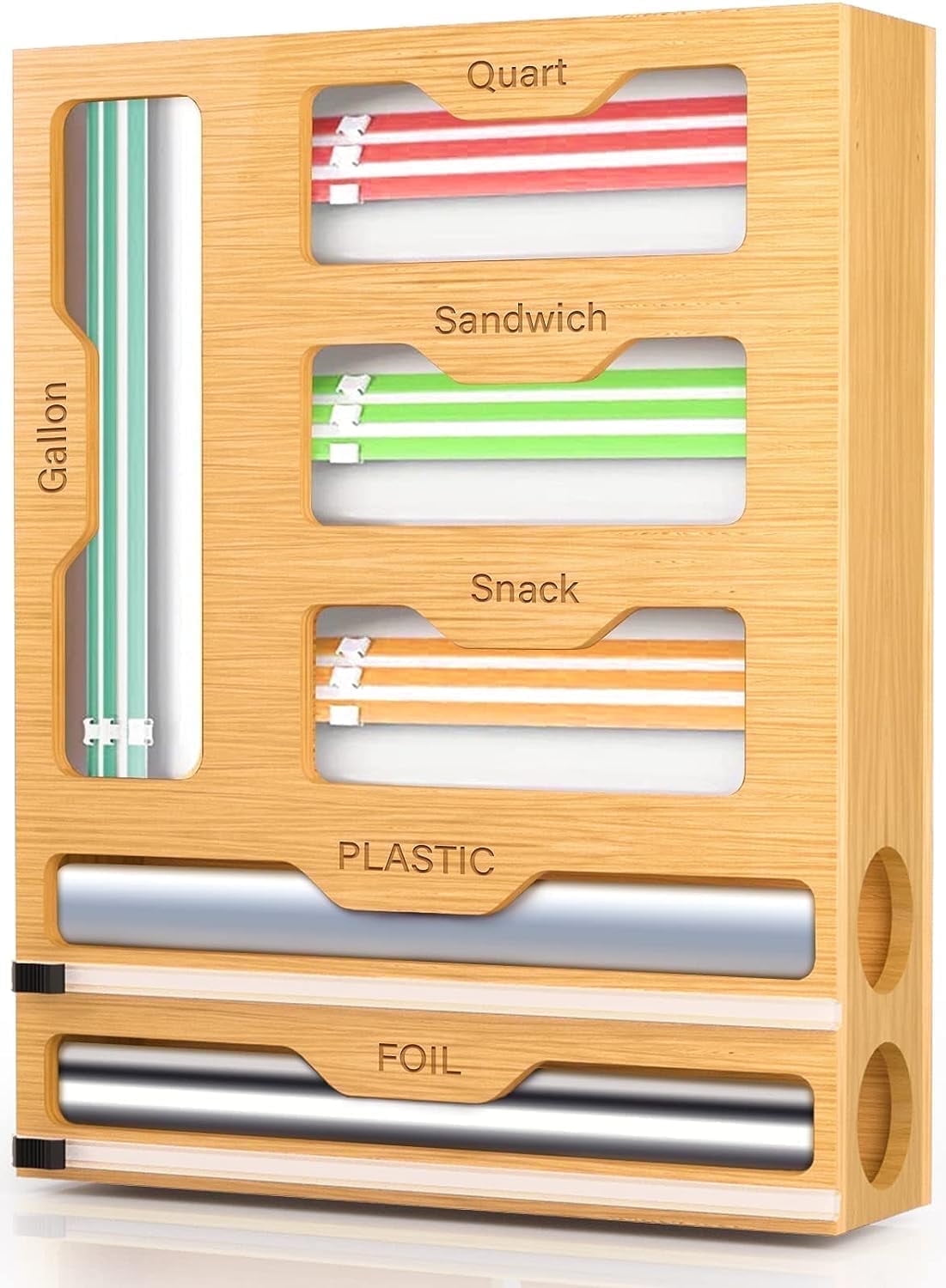 Bamboo Ziplock Bag Storage Organizer for Kitchen, AOKIWO 6 in 1 Drawer Organizer with Slider, Plastic Wrap Dispenser with Cutter