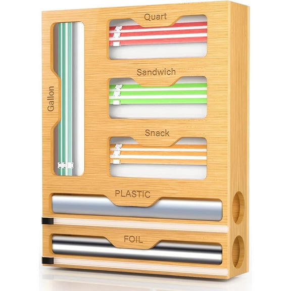 Bamboo Ziplock Bag Storage Organizer for Kitchen, AOKIWO 6 in 1 Drawer Organizer with Slider, Plastic Wrap Dispenser with Cutter