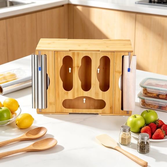 Bamboo Ziplock Bag Storage Organizer for Kitchen Drawer, Foil and Plastic Wrap Dispenser with Cutter, Plastic Baggie Holder for Gallon, Quart, Sandwich, Snack, Fit for Wall Hanging