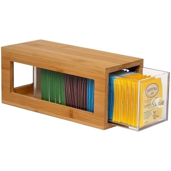 Bamboo and Acrylic Drawer Tea Bag Holder- Durable & Elegant Tea Bag Storage Holder for Kitchen Countertop, Space-Saving Tea Drawer Organizer
