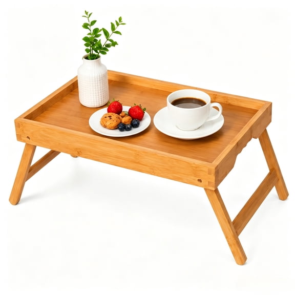Bamboo bedside tray table with foldable legs, suitable for use on a sofa, bed, for dining, or for work; can be used as a laptop table or snack table