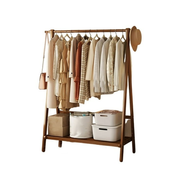 Bamboo clothes rack, with shelves and hooks, wooden coat rack, open wardrobe system, foldable wooden clothes rack for bedroom, entrance area