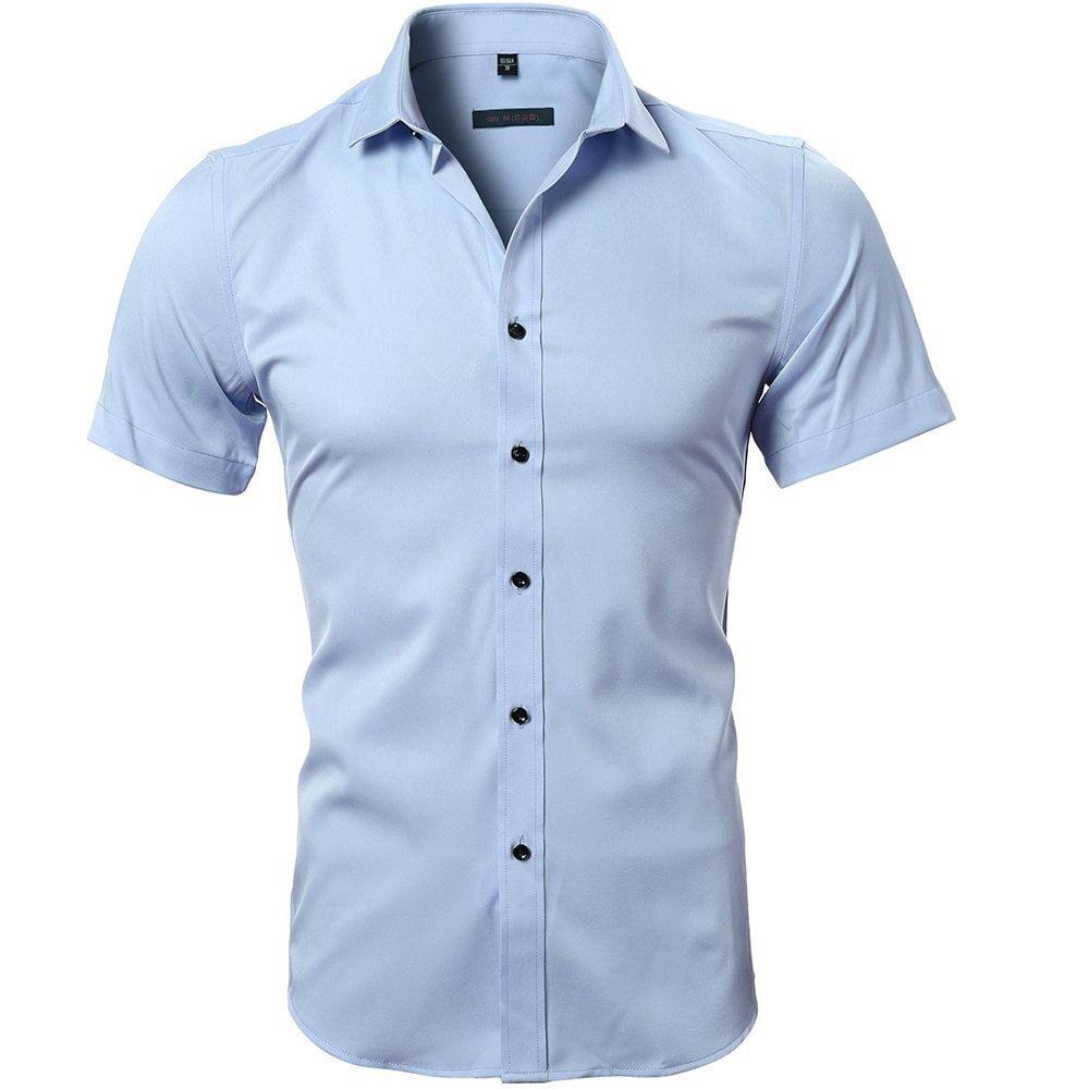 Bamboo fiber shirt men's summer men's short-sleeved solid color non ...