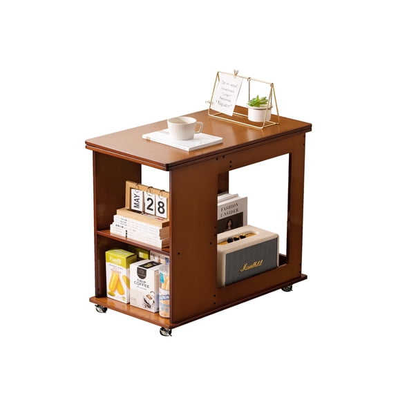 Bamboo folding edge table with movable storage, foldable tabletop suitable for beds and sofas, saving space, multiple storage spaces, natural texture