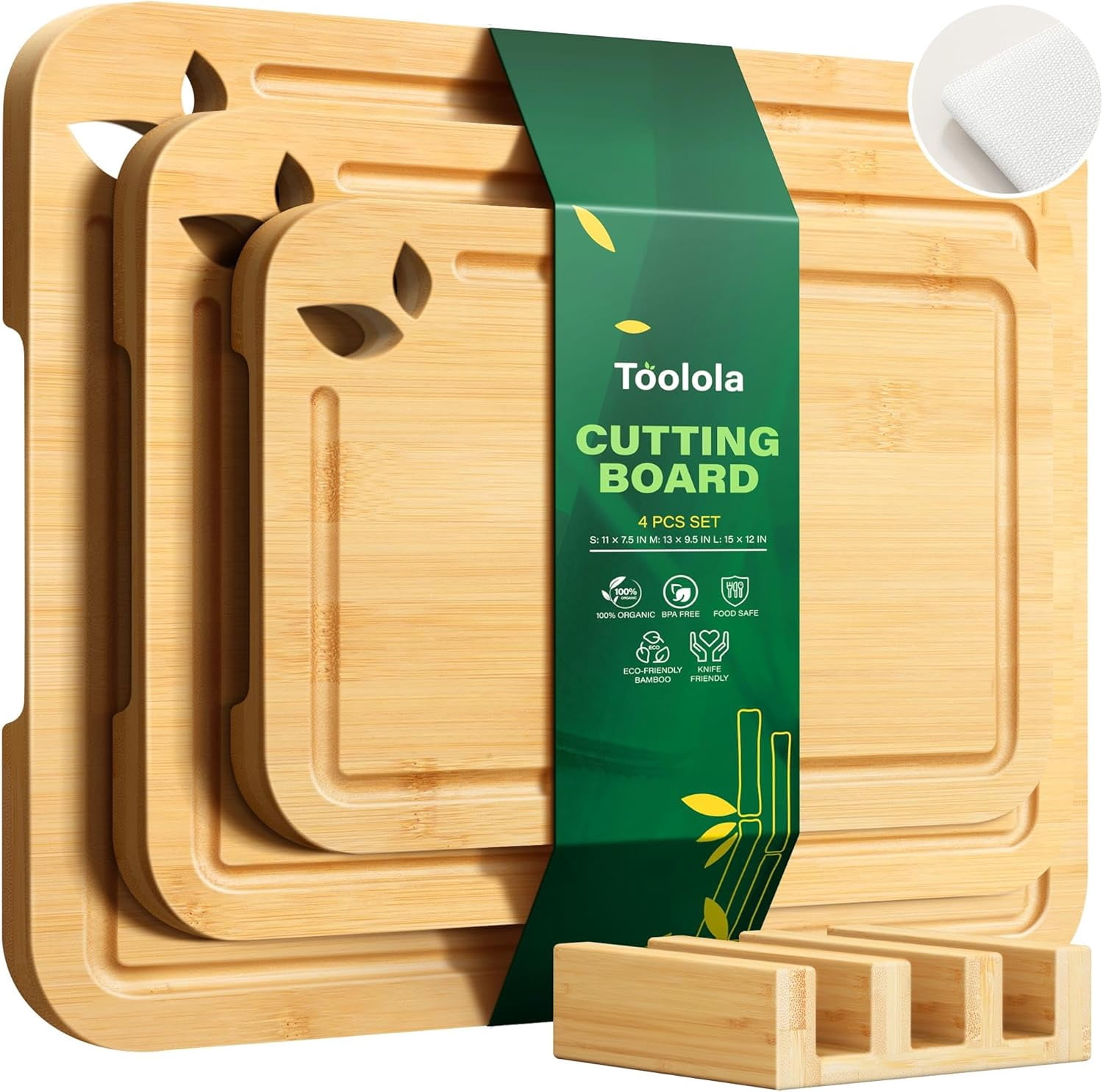 Bamboo for Kitchen with Holder & Silicone Mat, Lightweight & Knife-Friendly Wood Cutting Board Set with Side Handles and Juice Grooves, Natural