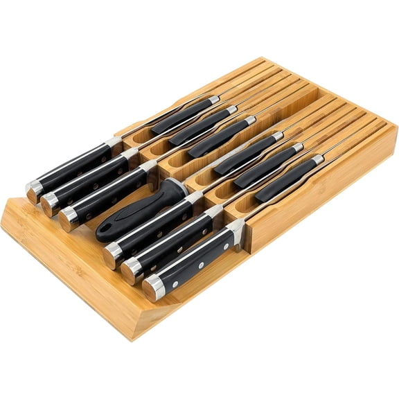Bamboo knife drawer holder, knife drawer holder insert, kitchen drawer knife block for 12 knives and a plus slot for knife sharpener (without knife)
