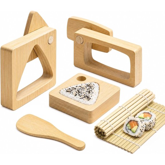 Bamboo onigiri mold set with musubi press and sushi rolling mat | japanese rice mold wooden rice press bento lunch tool nori roll maker hawaii rice block press homemade sushi kit kitchen gift