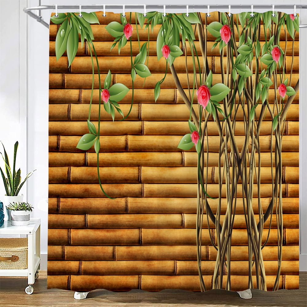Bamboo plants and flowers landscape printed shower curtain partition ...