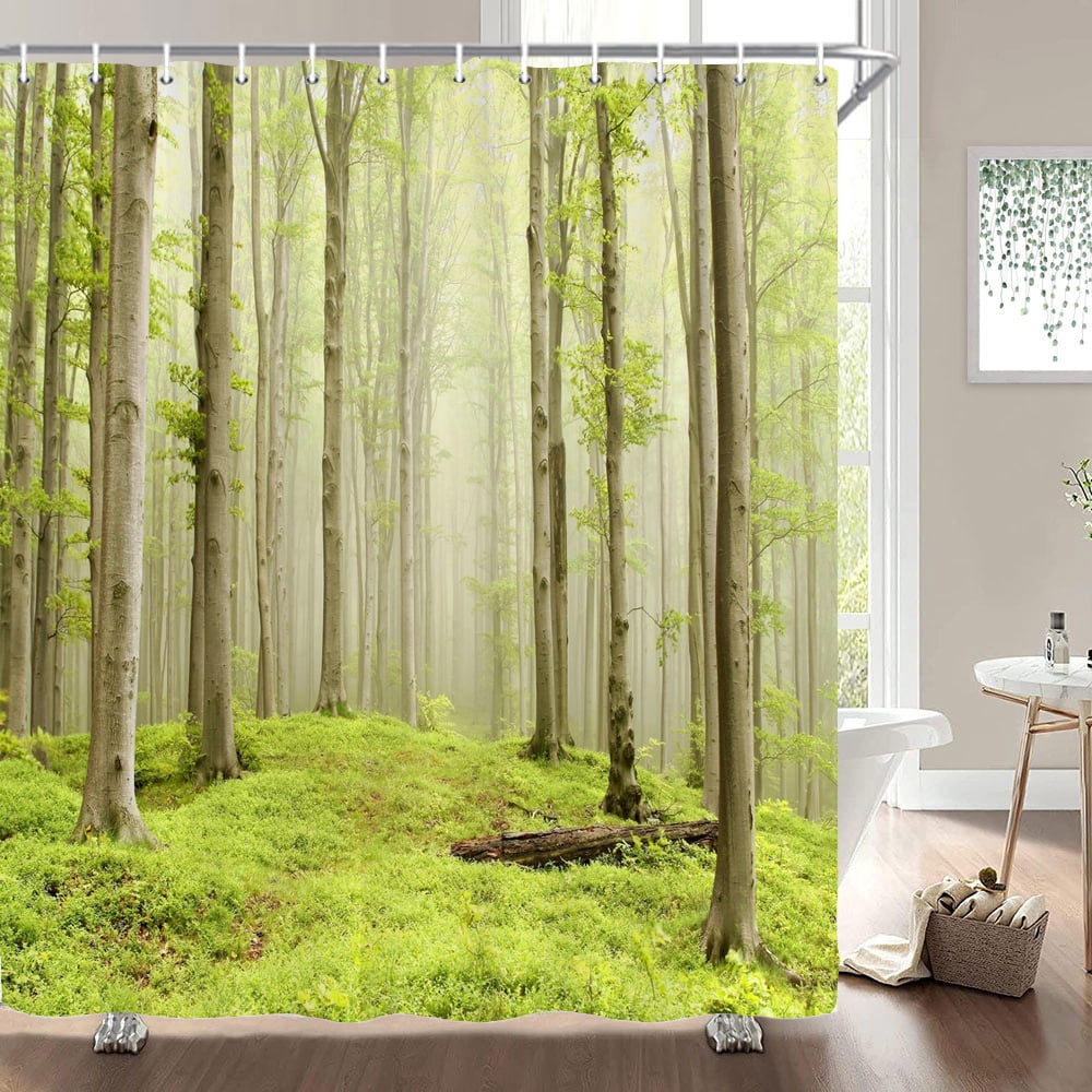 Bamboo plants and flowers landscape printed shower curtain partition ...