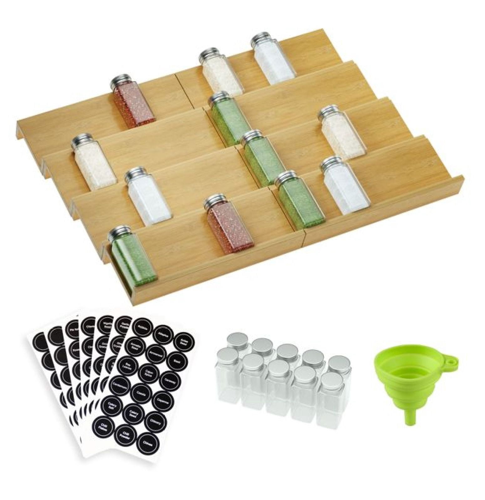 Bamboo spice rack drawer storage box, 10 spice storage cans organizer