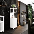 thumbnail image 1 of Bamboo storage cabinet for bathroom and other living areas provides both open and closed storage, 1 of 6