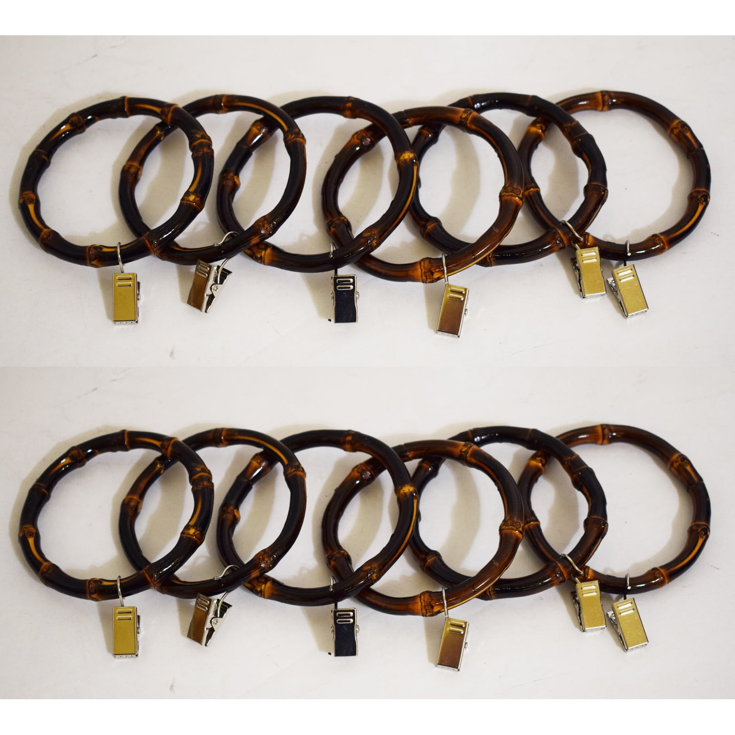 Burnt Bamboo Curtain Rings with Metal Clips - Set of 12