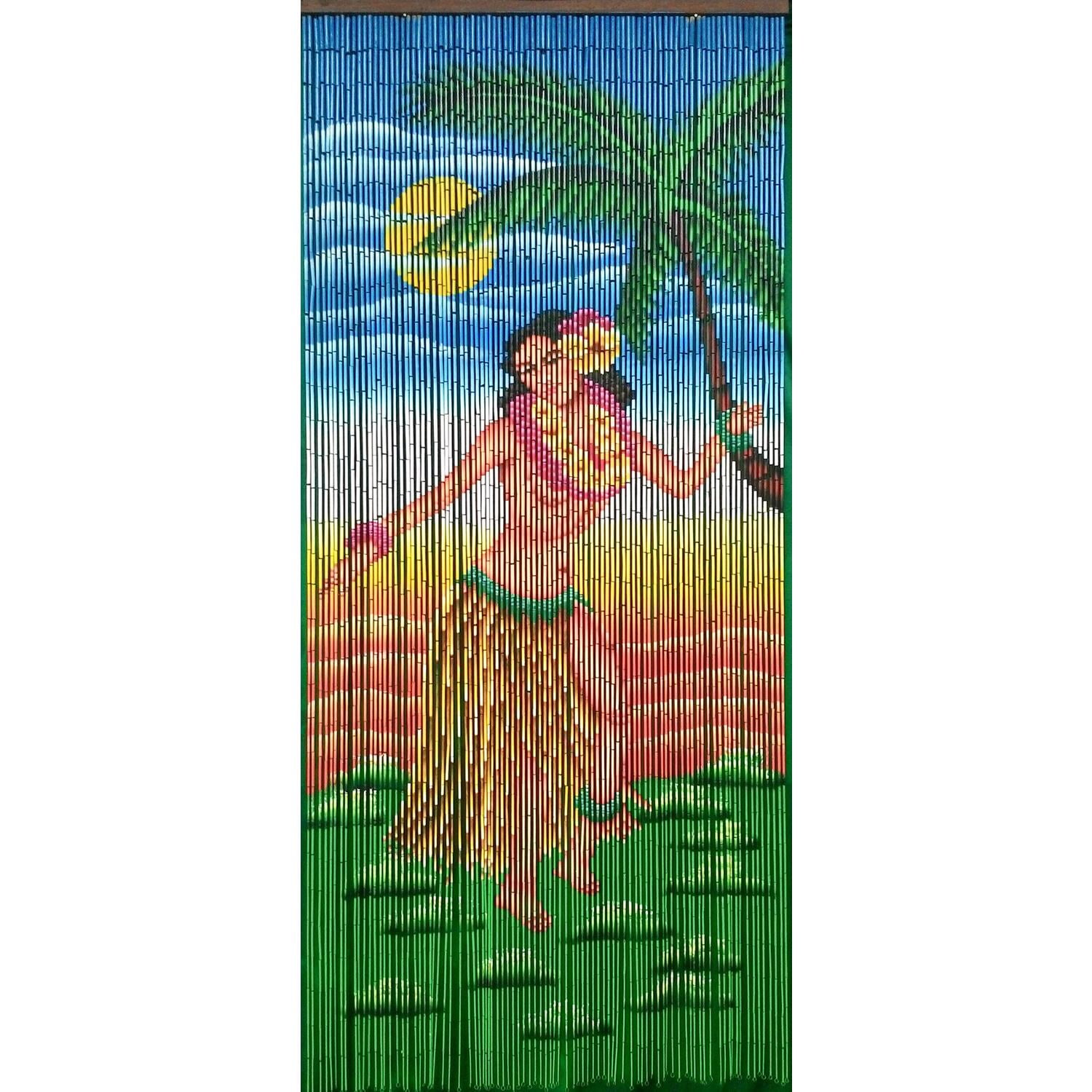 Handmade Bamboo Beaded Doorway Curtain with Tropical Hula Girl Design
