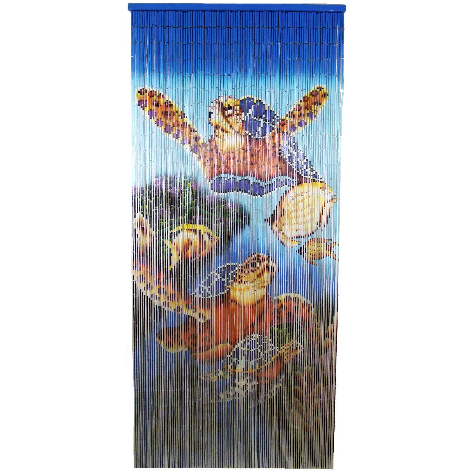 Handmade Bamboo Beaded Curtain with Turtle Scene in Blue and Brown
