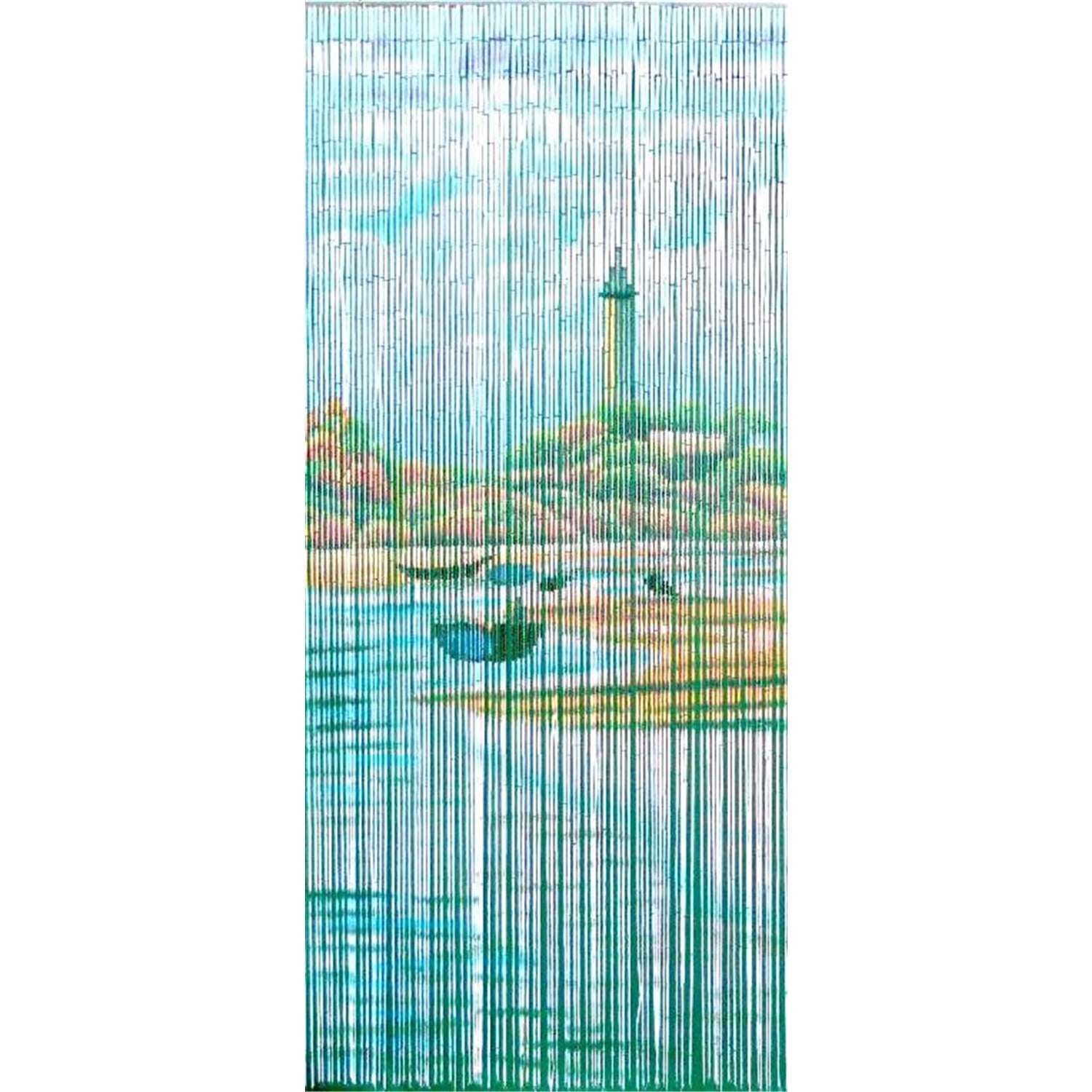 Handmade Black Bamboo Beaded Curtain with Lighthouse Scene
