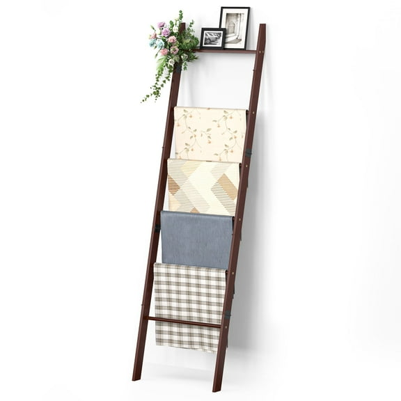 BambooHomie 6-Tier Blanket Ladder for Living Room, Farmhouse Quilt Ladder Rack for Bedroom Bathroom, Wall Leaning Decorative Towel Holder, Brown