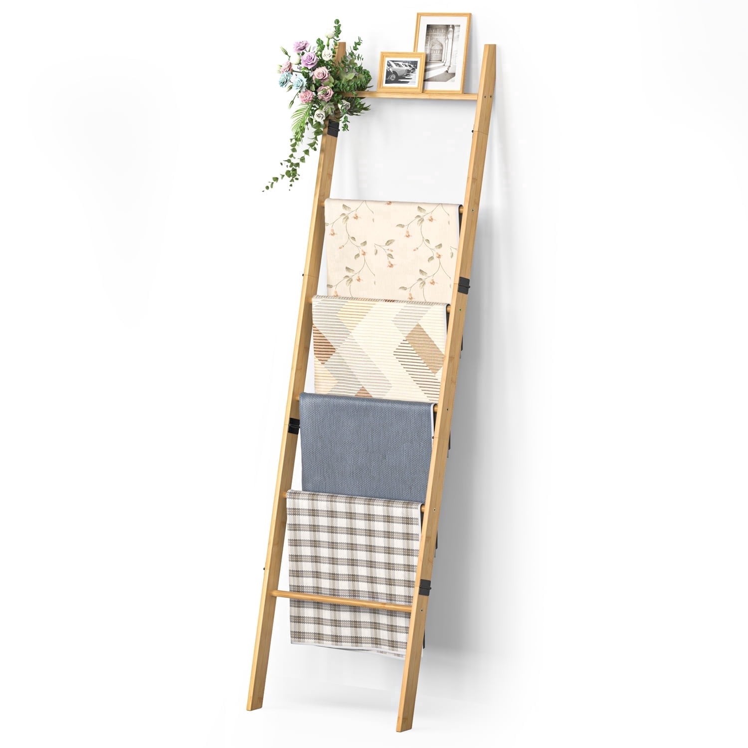 Bamboohomie Blanket Ladder, 6-Tier Bamboo Towel Rack for Bathroom, Decorative Quilt Ladder for Living Room, Natural
