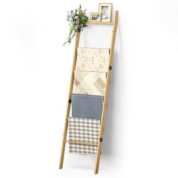 BambooHomie 6-Tier Blanket Ladder for Living Room, Farmhouse Quilt Ladder Rack for Bedroom Bathroom, Wall Leaning Decorative Towel Holder, Natural
