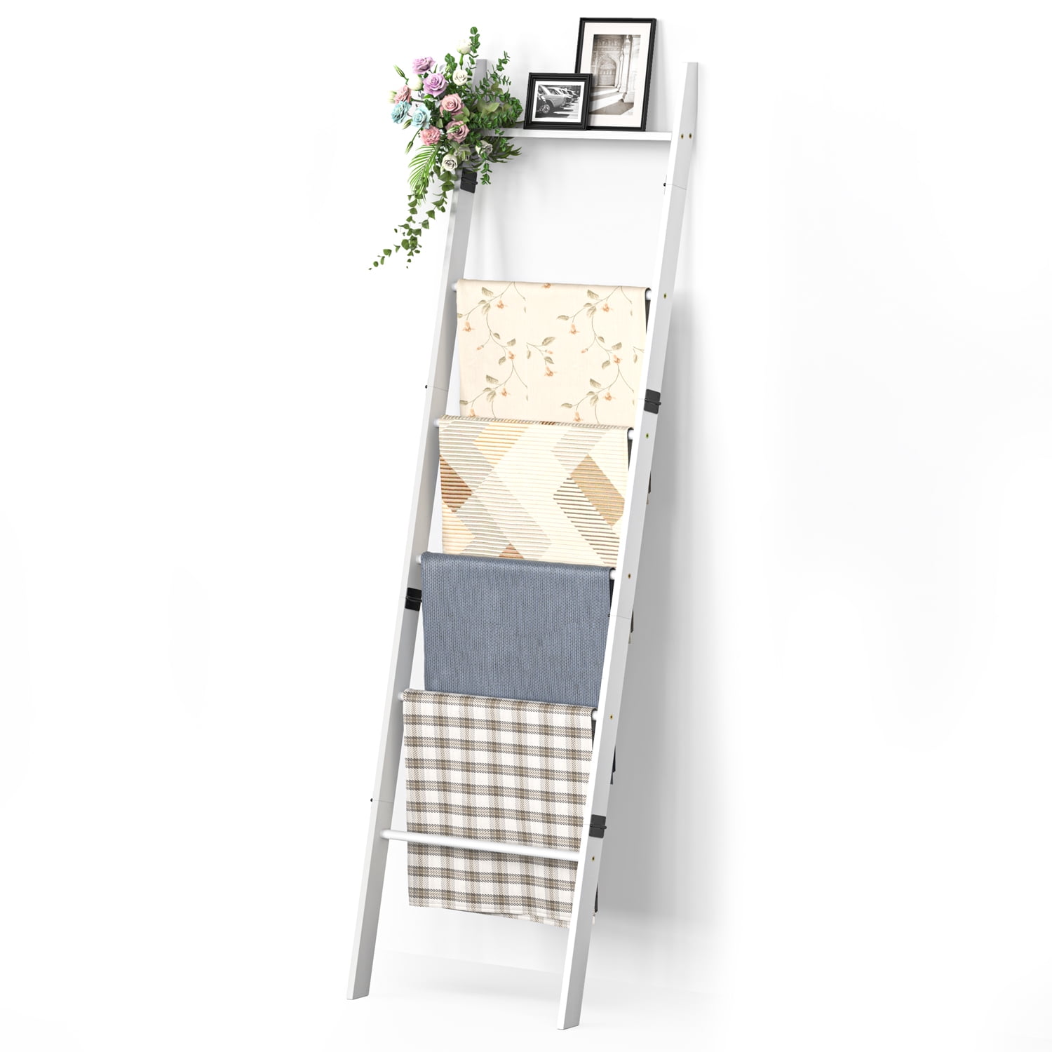 BambooHomie 6-Tier Blanket Ladder for Living Room, Farmhouse Quilt Ladder Rack for Bedroom Bathroom, Wall Leaning Decorative Towel Holder, White