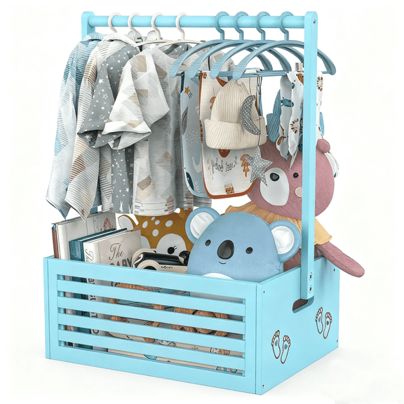 BambooHomie Baby Shower Crate Closet, Baby Baskets Box with Hangers Handle for Newborn, Welcome Pregnancy Gift Basket for New Parents (Blue, Large Size)