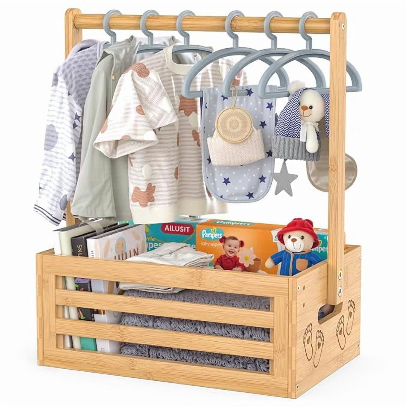 BambooHomie Baby Shower Crate Closet, Baby Baskets Box with Hangers for Newborn, Welcome Pregnancy Gift Basket for New Parents (Natural, Small Size)