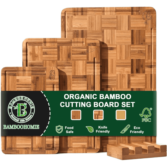 BAMBOOHOMIE 3-Piece Checkerboard Bamboo Cutting Board Set with stand for Kitchen,Juice Groove