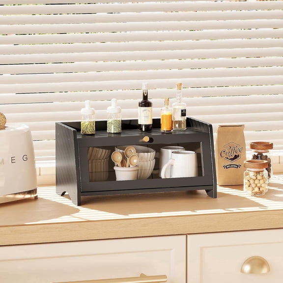 Bamboohomie Black Bread Box for Kitchen Countertop, Bamboo Bread Holder with Acrylic Window, Farmhouse Bread Bin Organizer