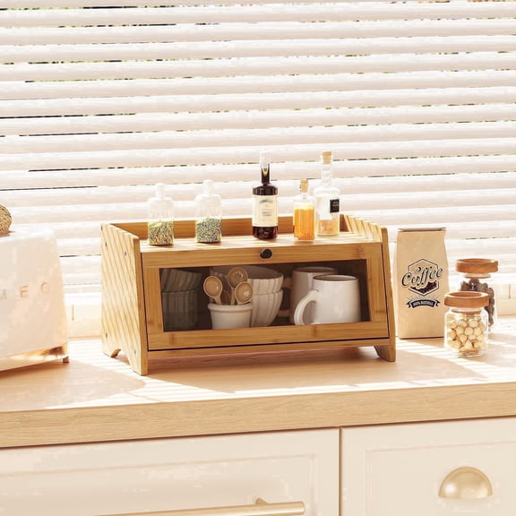 Bamboohomie Bamboo Bread Box for Homemade Bread, Kitchen Countertop Storage with Transparent Door Panel, Farmhouse Organizer, Natural